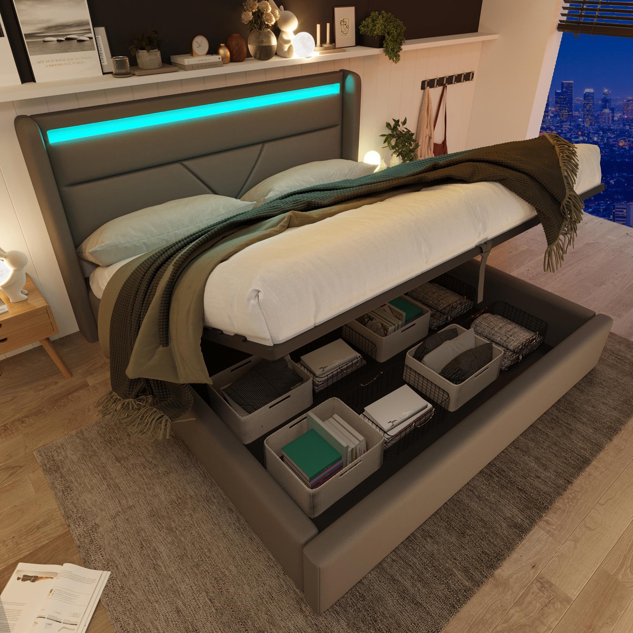 Voir la diapositive 2 : MERAX Lit coffre avec sommier et LED PU