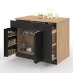 ID MARKET Ilot central ALTO portes avec rangements, tiroirs, rangement coulissant et plan de travail façon hêtre et noir