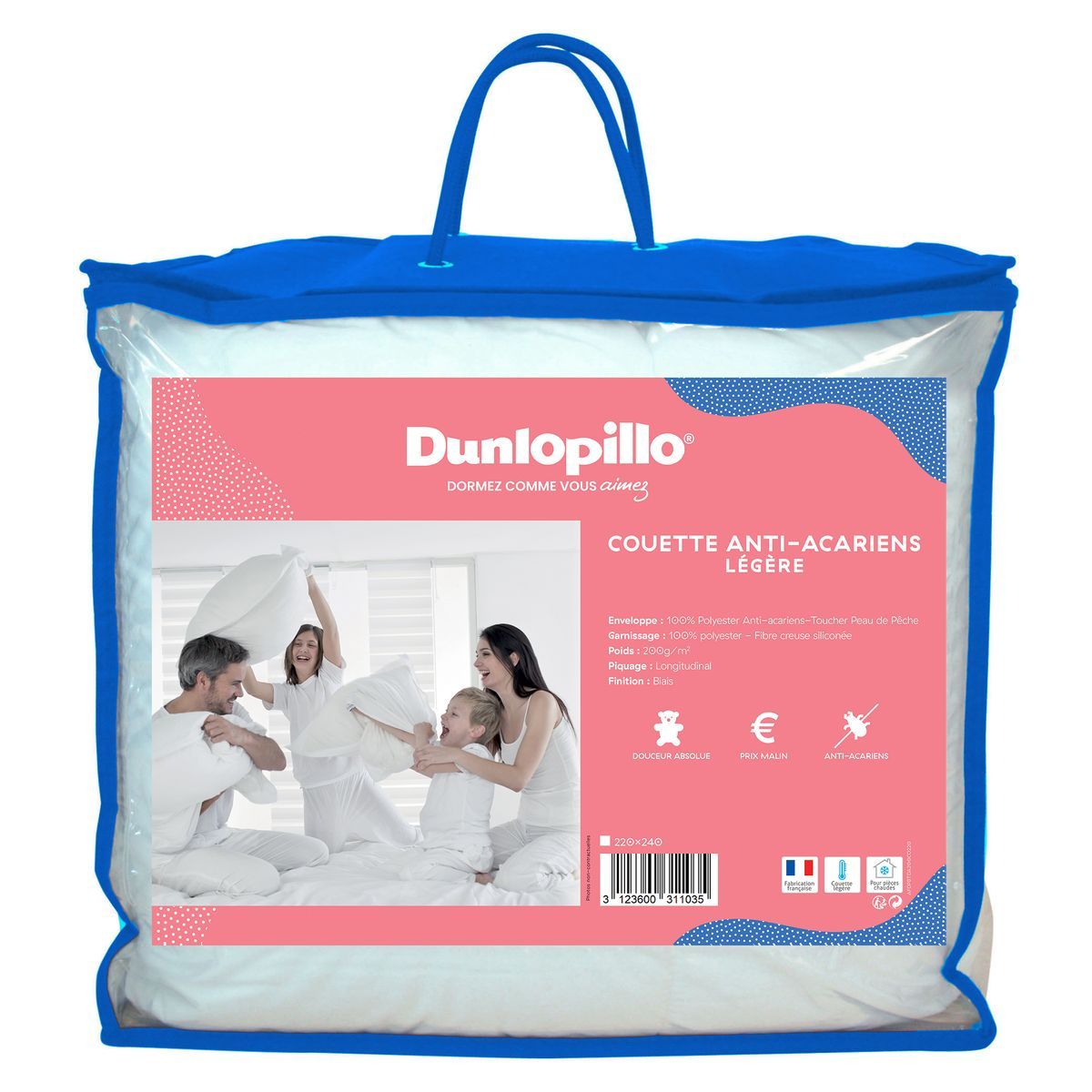 DUNLOPILLO Couette légère en polyester toucher peau de pêche traitée anti acariens 200 g/m² TENDRESSE