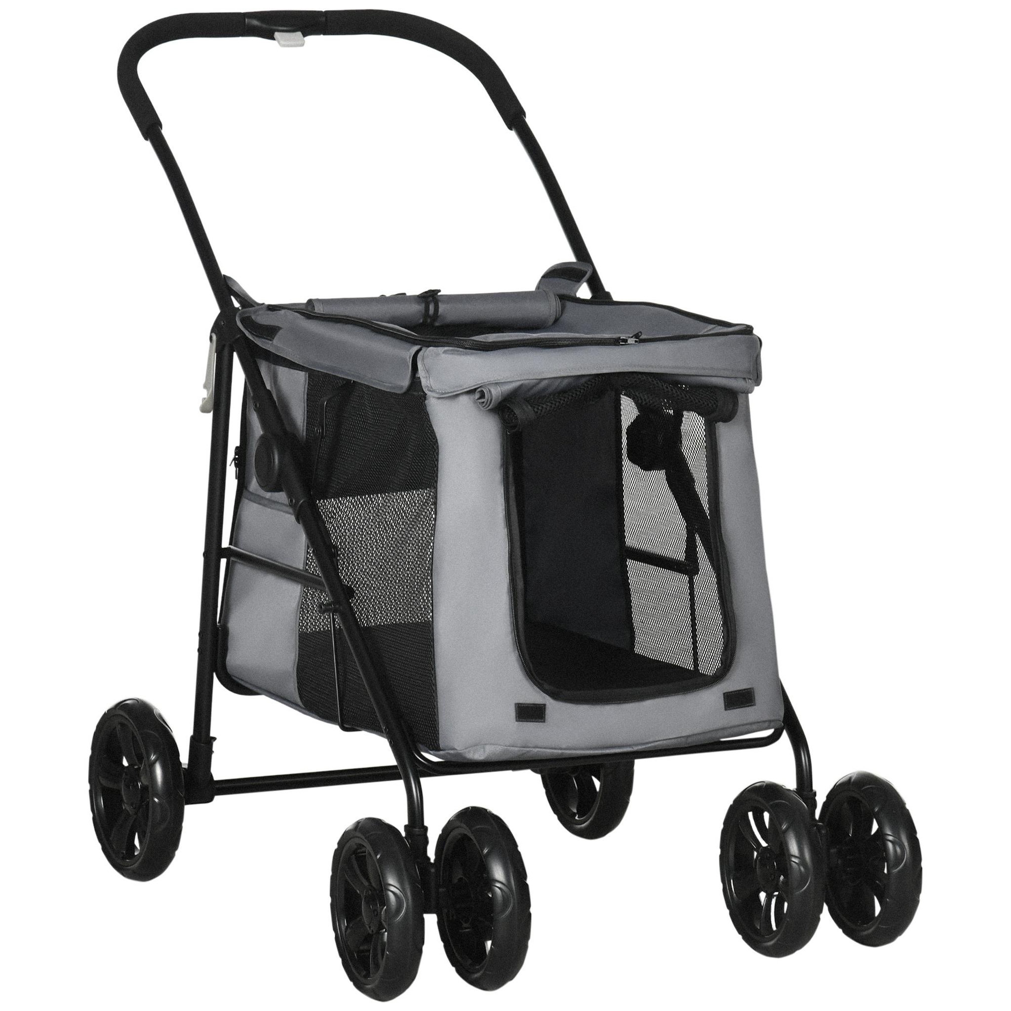 PAWHUT Poussette pliable pour chien chat 4 roues 3 pochettes rangement coussin acier oxford gris