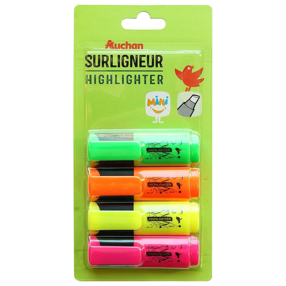 AUCHAN Lot de 4 mini surligneurs pointe biseautée vert/orange/jaune/rose
