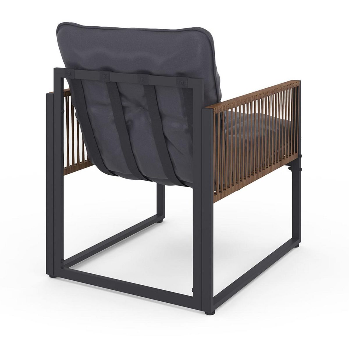 ID MARKET Salon de jardin bas RIO 4 places structure métal gris anthracite, cordage rotin et coussins gris