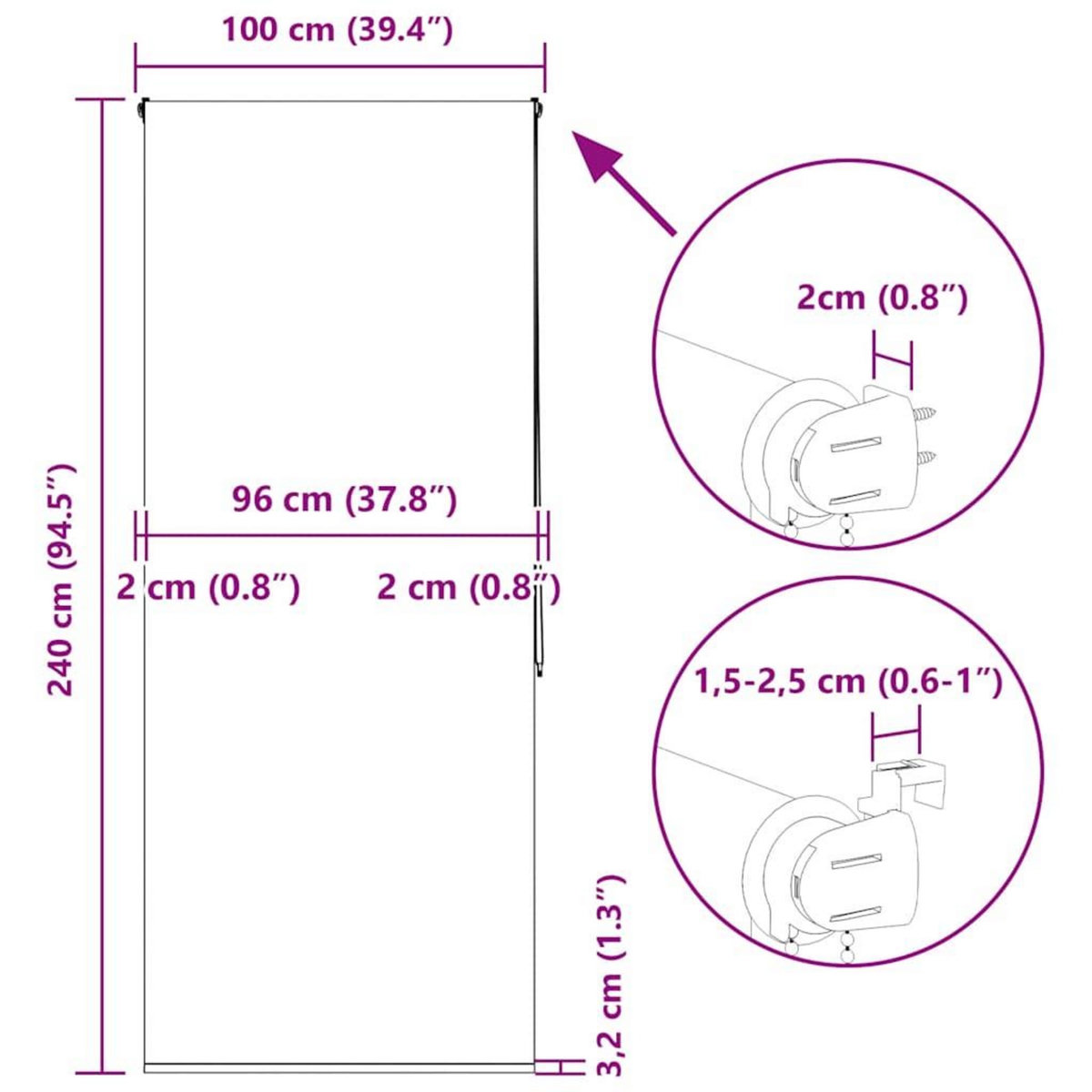 VIDAXL Store enrouleur de douche 100x240 cm largeur du tissu 96 cm