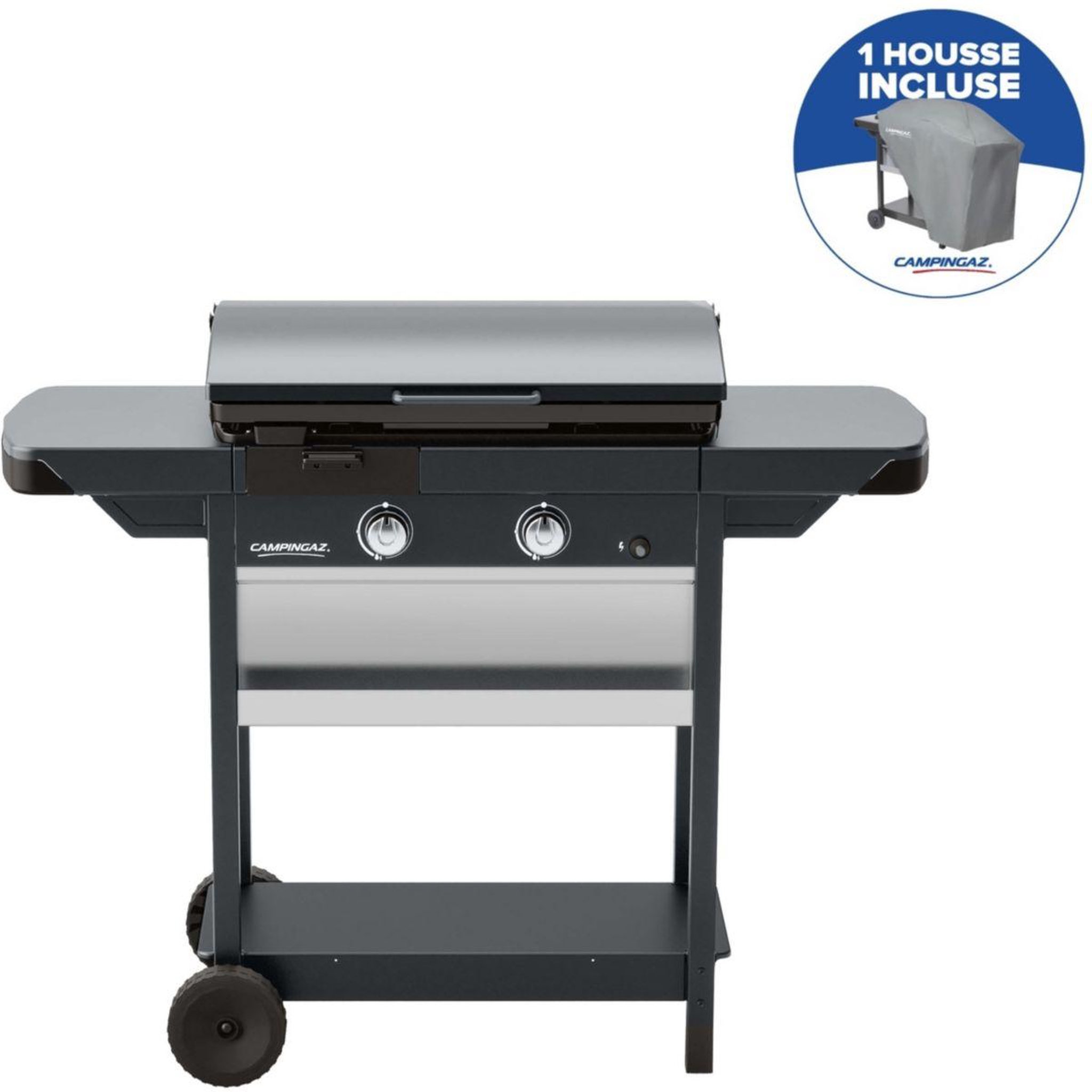 CAMPINGAZ Plancha gaz ex plus noir 2brûleurs sur chariot, 66x42cm + housse