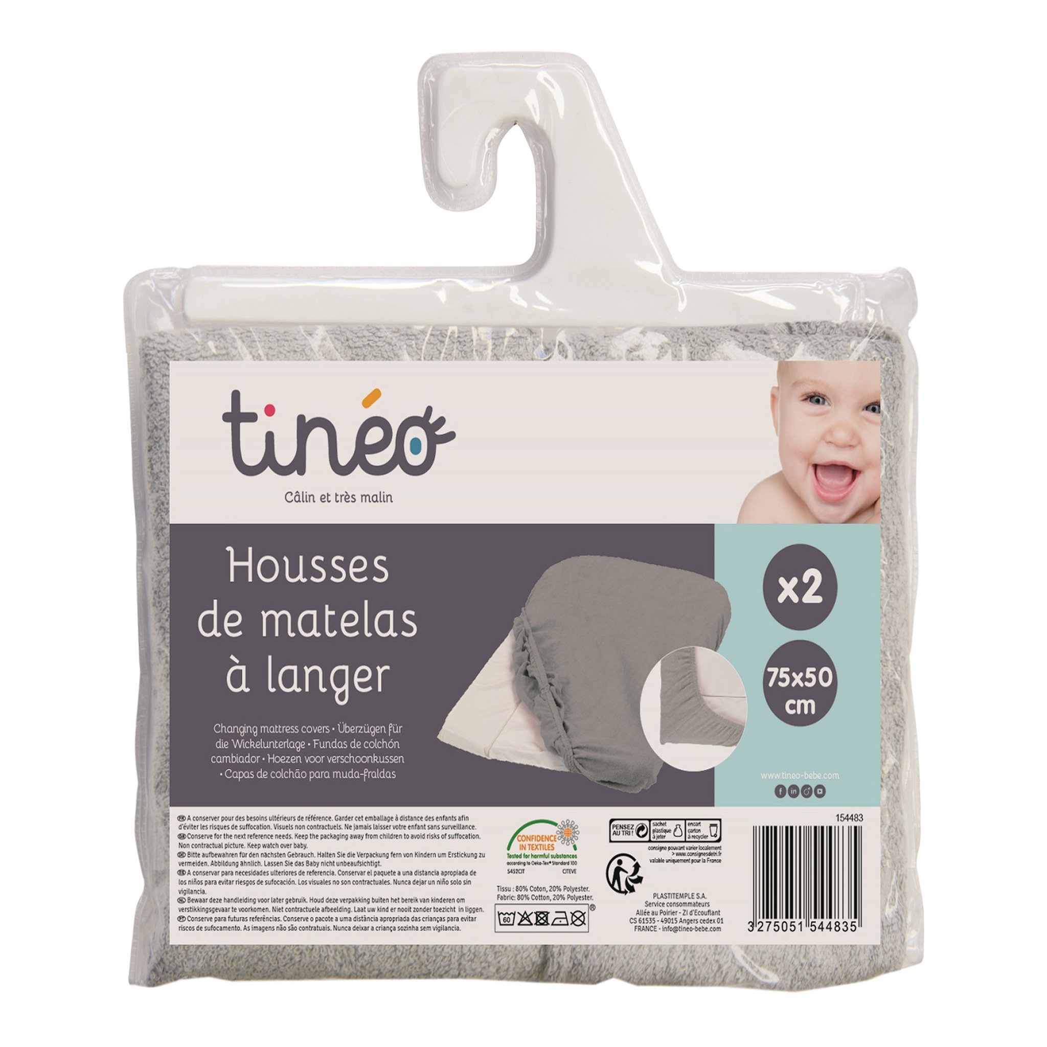 Voir la diapositive 2 : TINEO Lot 2 housses de matelas à langer éponge