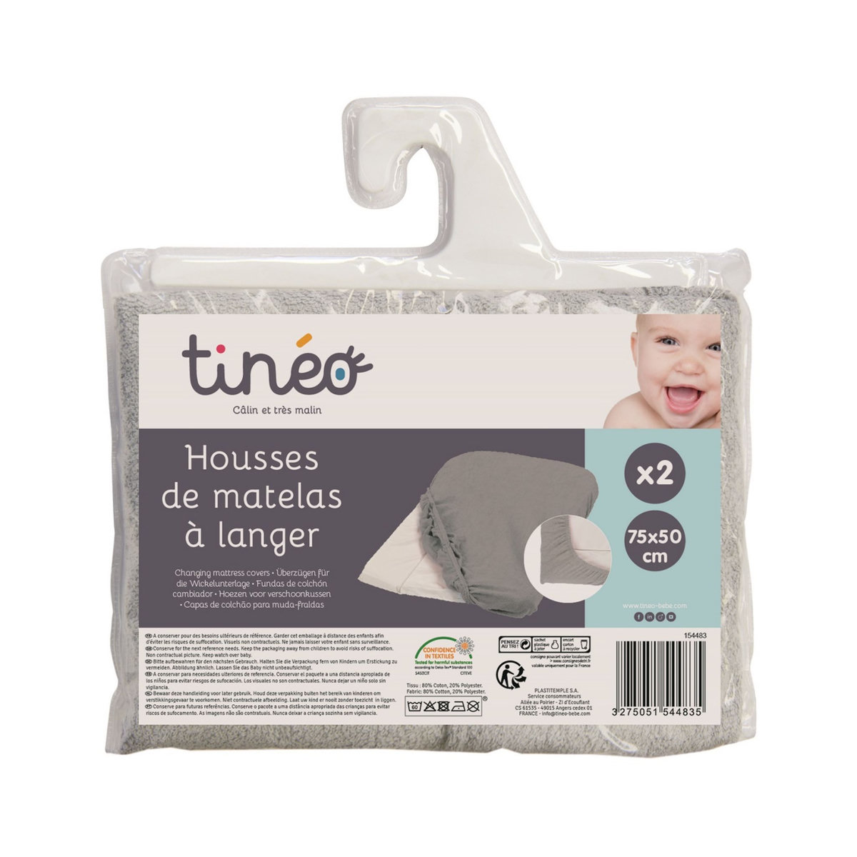 TINEO Lot 2 housses de matelas à langer éponge
