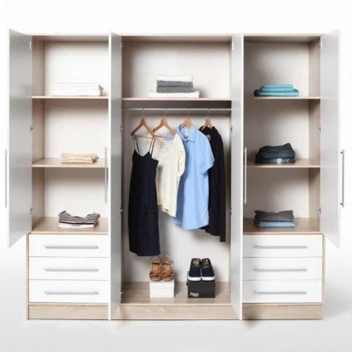 MARKET24 Armoire 4 portes battantes + 6 tiroirs - Chene et blanc - L 206 x P 60 x H 200 cm - JUPITER