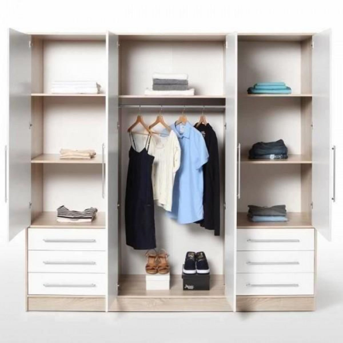 MARKET24 Armoire 4 portes battantes + 6 tiroirs - Chene et blanc - L 206 x P 60 x H 200 cm - JUPITER