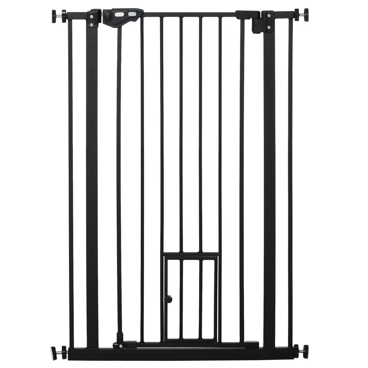 PAWHUT Barrière de sécurité animaux - longueur réglable dim. 74-80 cm - porte double verrouillage, ouverture double sens, petite porte -sans perçage - acier plastique noir