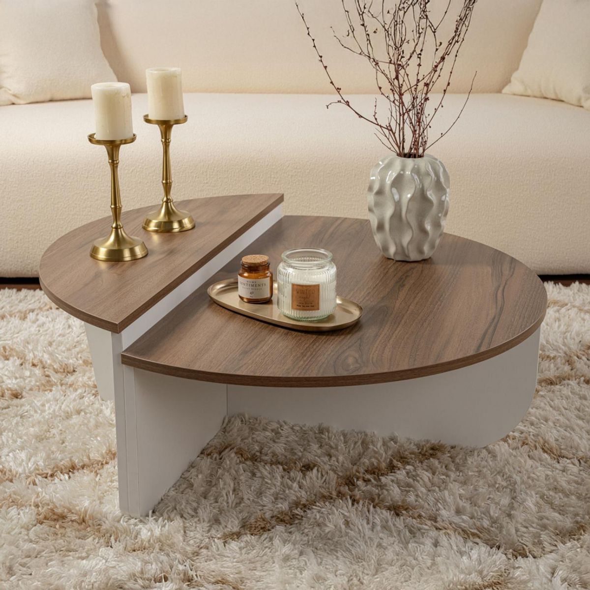 CONCEPT USINE Table basse ronde duo effet travertin 90cm XYN