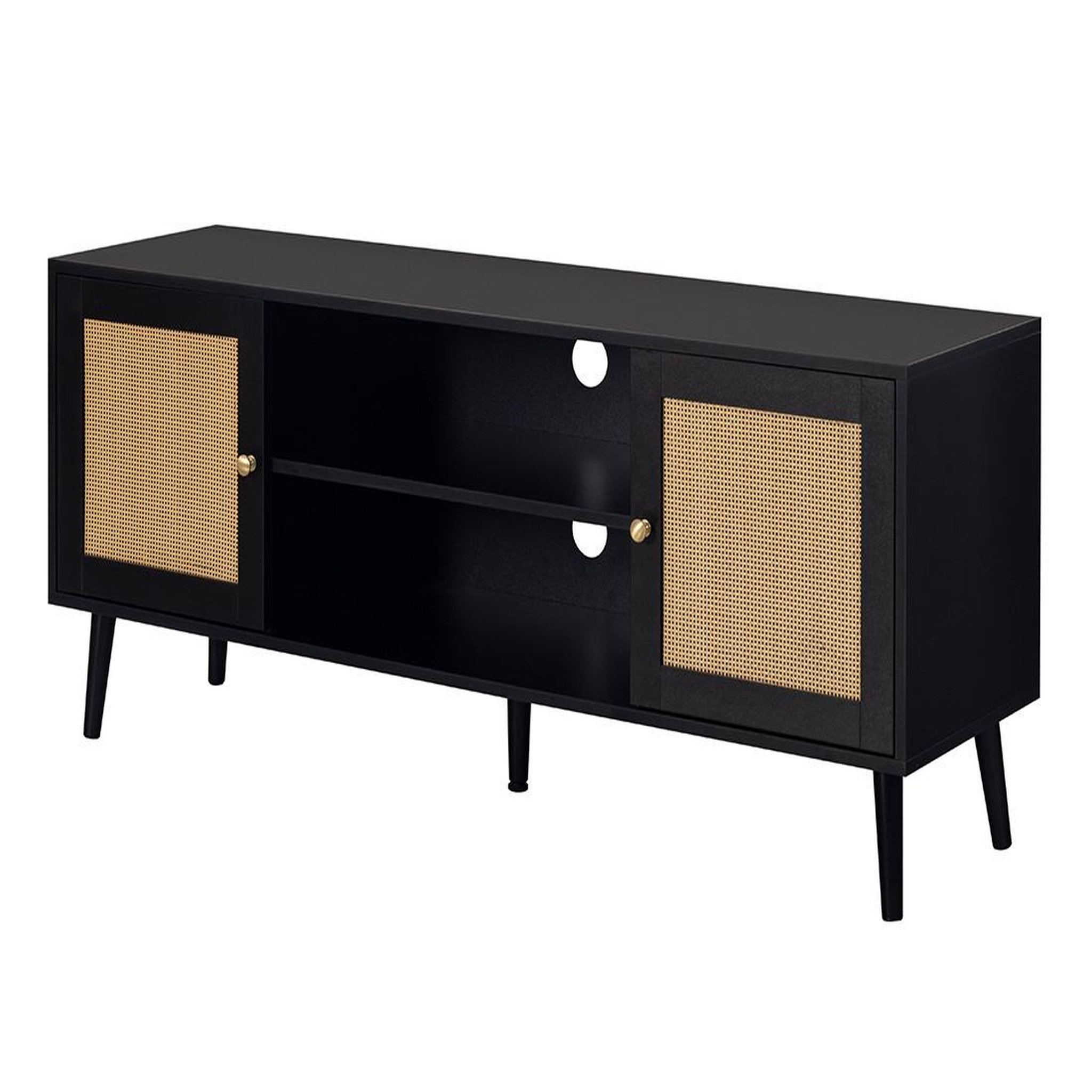 Voir la diapositive 4 : BEST MOBILIER Goto - meuble tv - noir et cannage - 2 portes et 2 niches - 140 cm