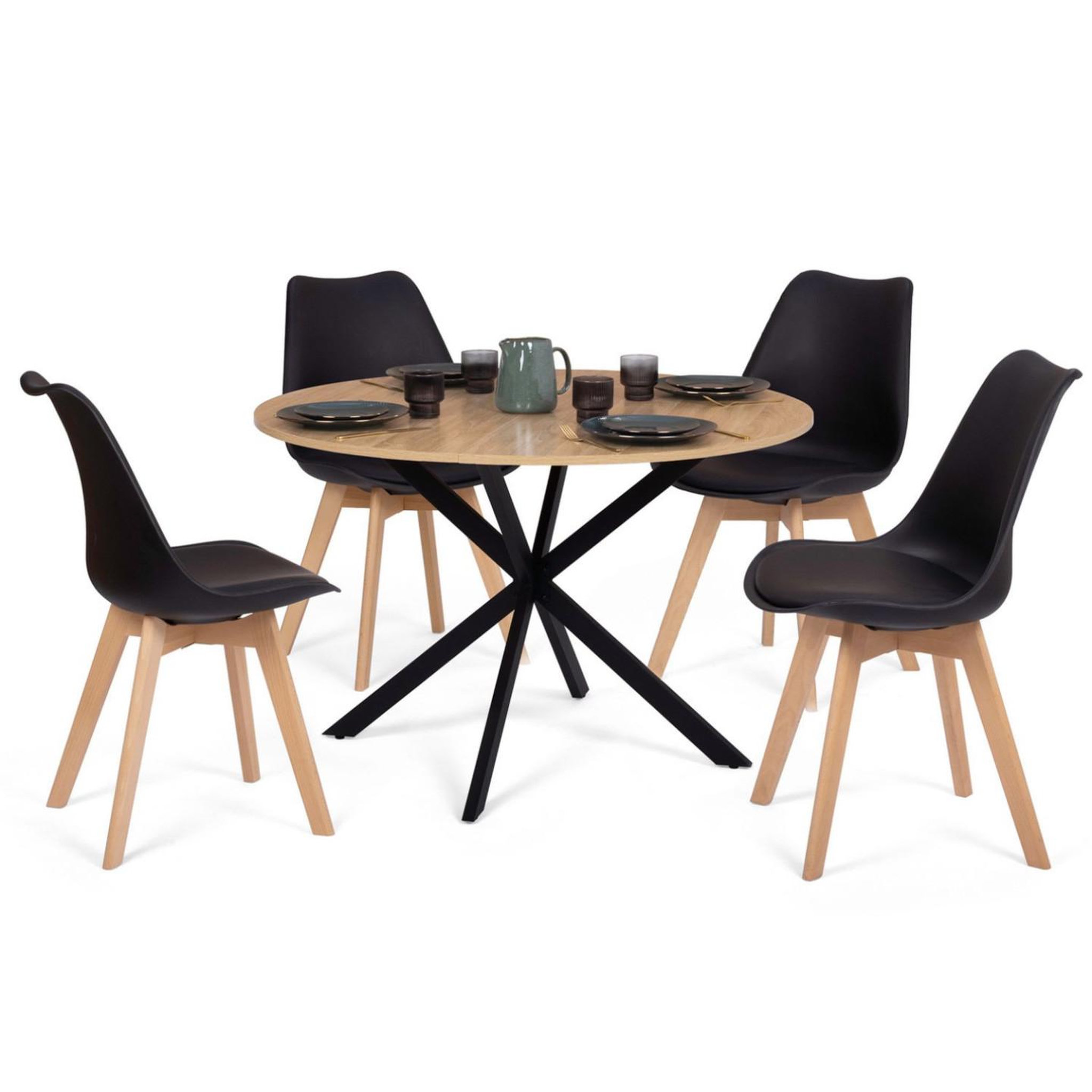 ID MARKET Ensemble table à manger ronde alix 110 cm bois et noir et 4 chaises sara noires