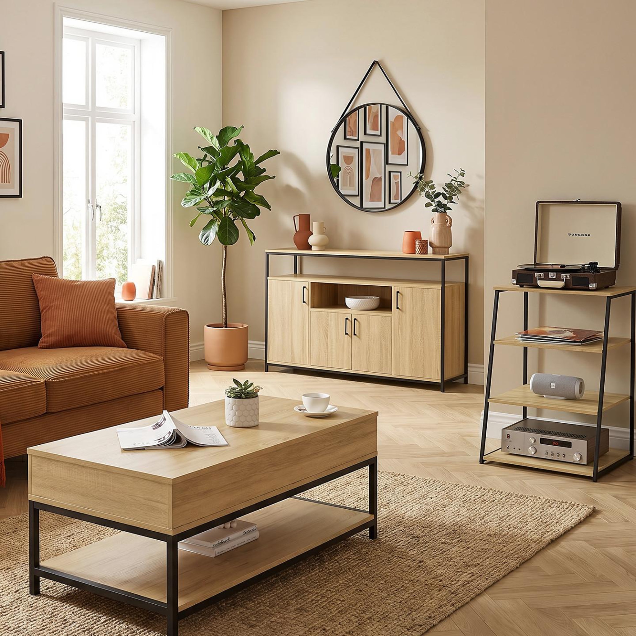 Voir la diapositive 6 : ID MARKET Meuble hifi, support pour platine, enceintes et vinyles 60 cm detroit étagère 4 niveaux bois et noir design industriel