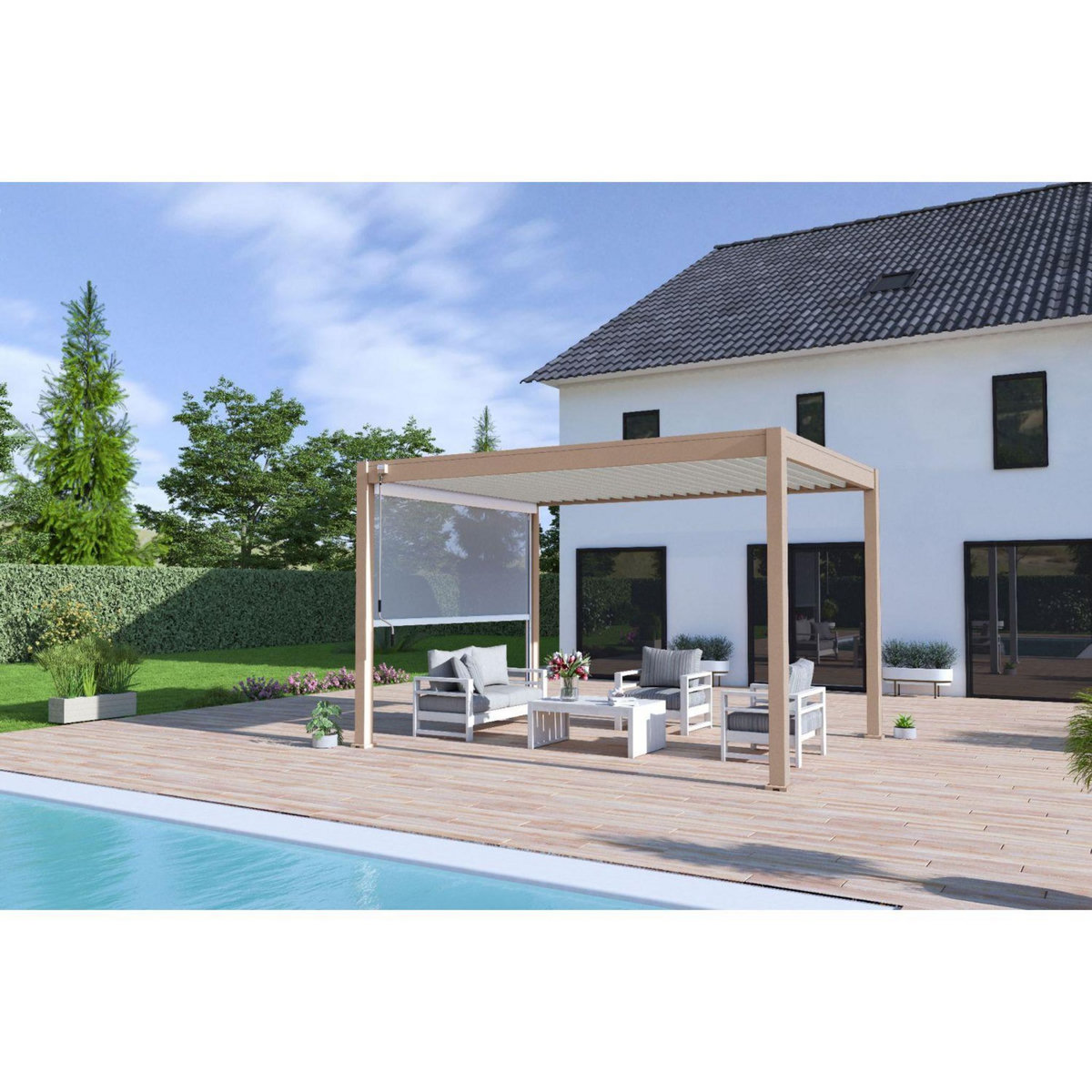 Pergola Bioclimatique autoportée 3X4 m - Aluminium - Beige agate/blanc -  VS OmBREA®