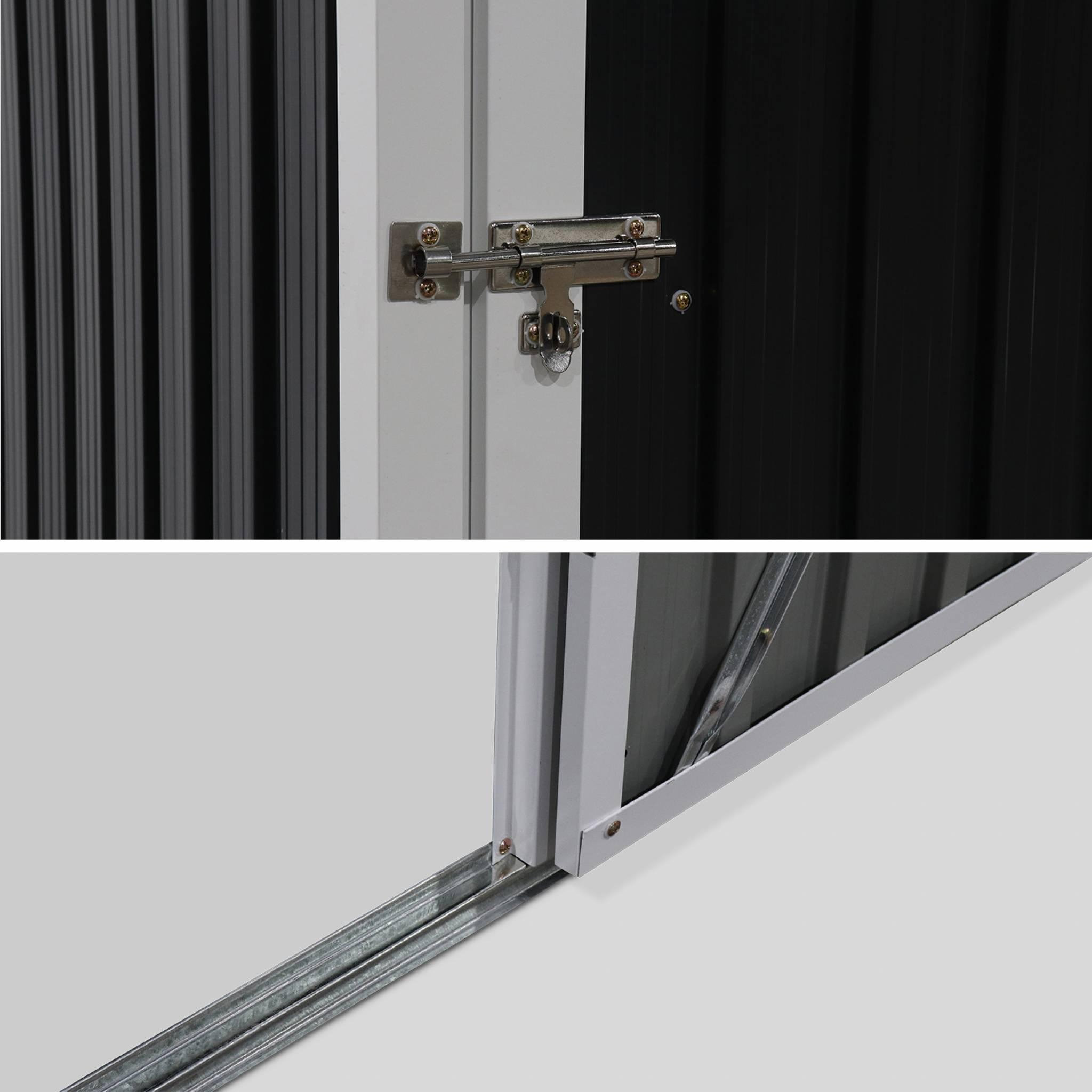 Voir la diapositive 4 : SWEEEK Abri de jardin en métal - LYS 1.36m² gris anthracite et blanc - Cabane à outils avec porte simple à loquet. kit de fixation sol inclus. remise