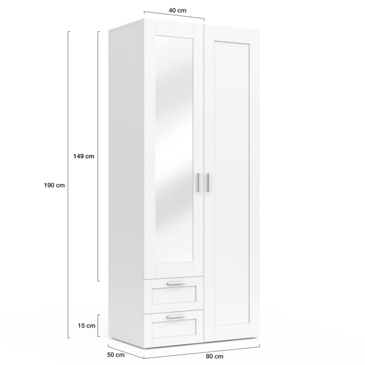 ID MARKET Armoire 2 portes VITO blanc penderie 80 cm avec 2 tiroirs, miroir et étagères
