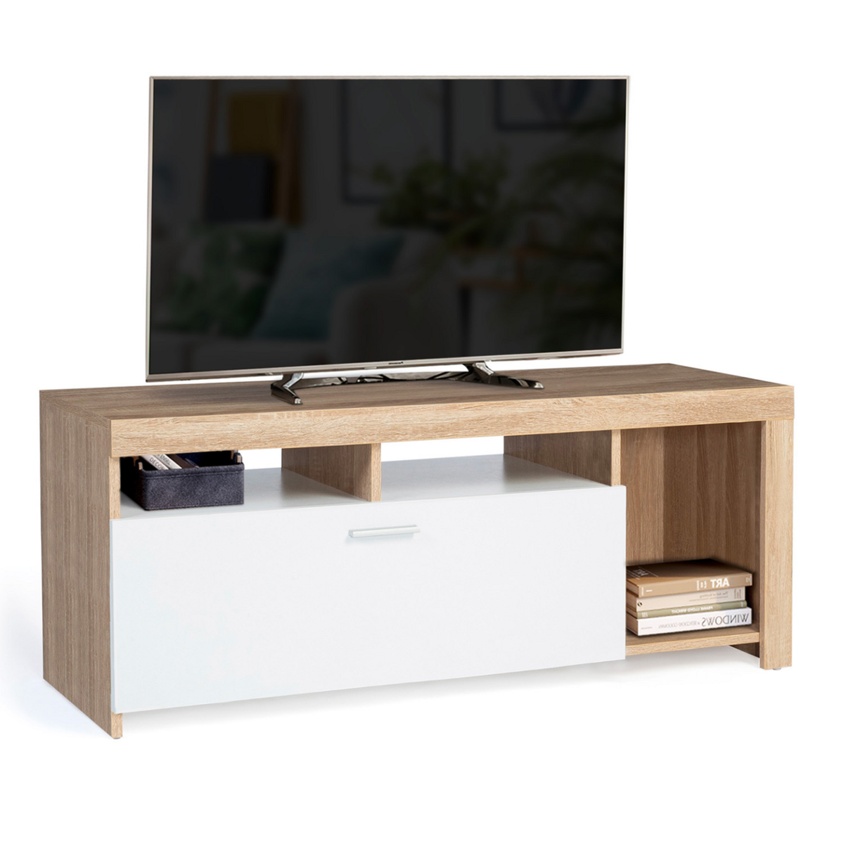 ID MARKET Meuble TV 110 cm MALO bois et placard blanc