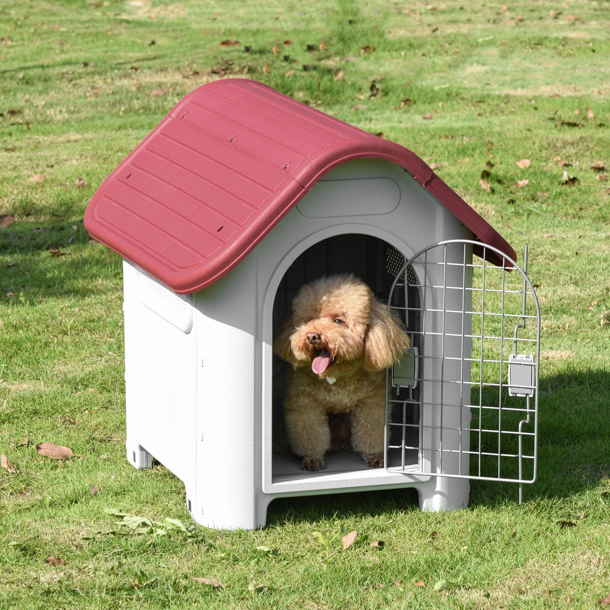 Voir la diapositive 2 : PAWHUT Niche pour chien plastique porte métal verrouillable aérations lucarne - 59 x 75 x 66 cm - gris clair rouge
