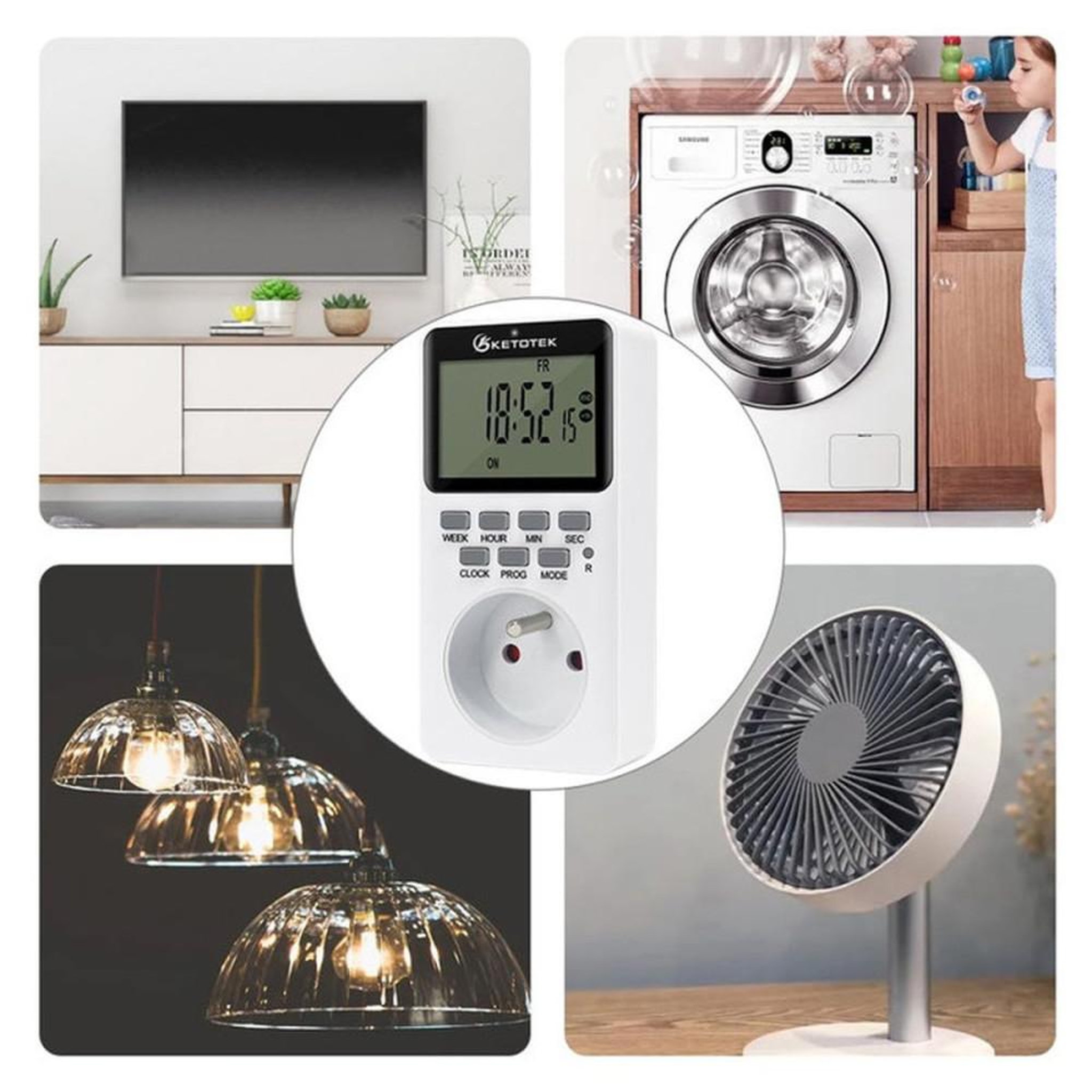 Voir la diapositive 5 : Prise minuterie numérique programmable LCD 20 programmes, 16A 3600W, mode aléatoire antivol, 12/24h