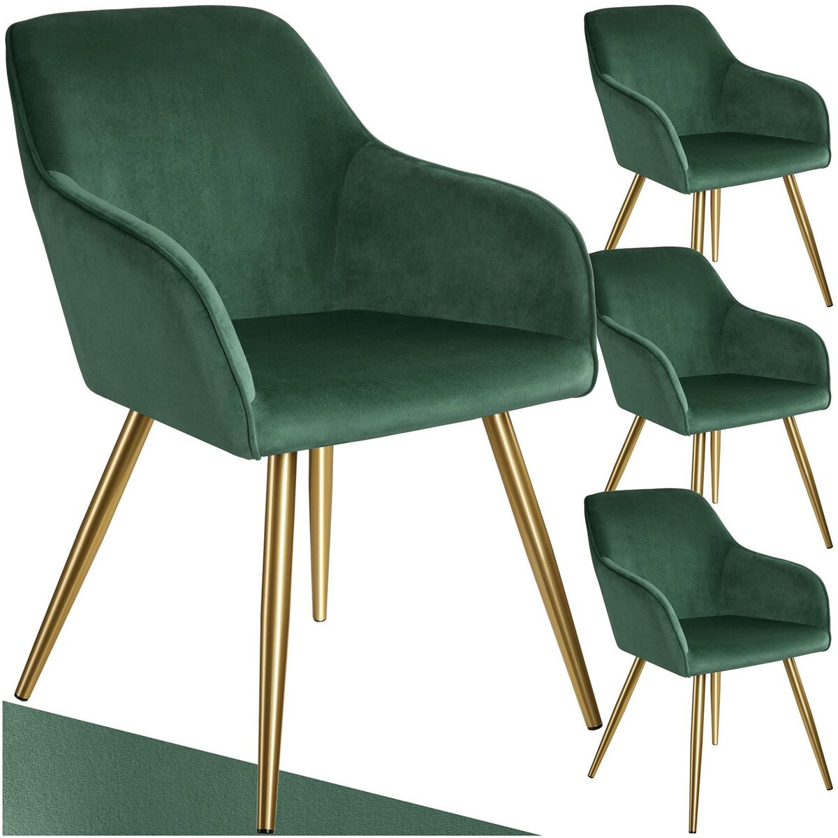 tectake Chaise rembourrée aspect velours vert foncé/or Lot de 4