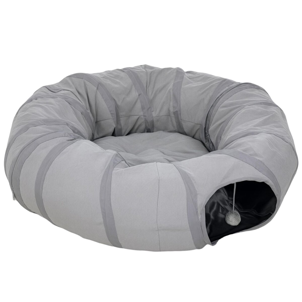 PAWHUT Tunnel pour chat intérieur - fonction lit pliable avec coussin et jeu balle suspendue - gris