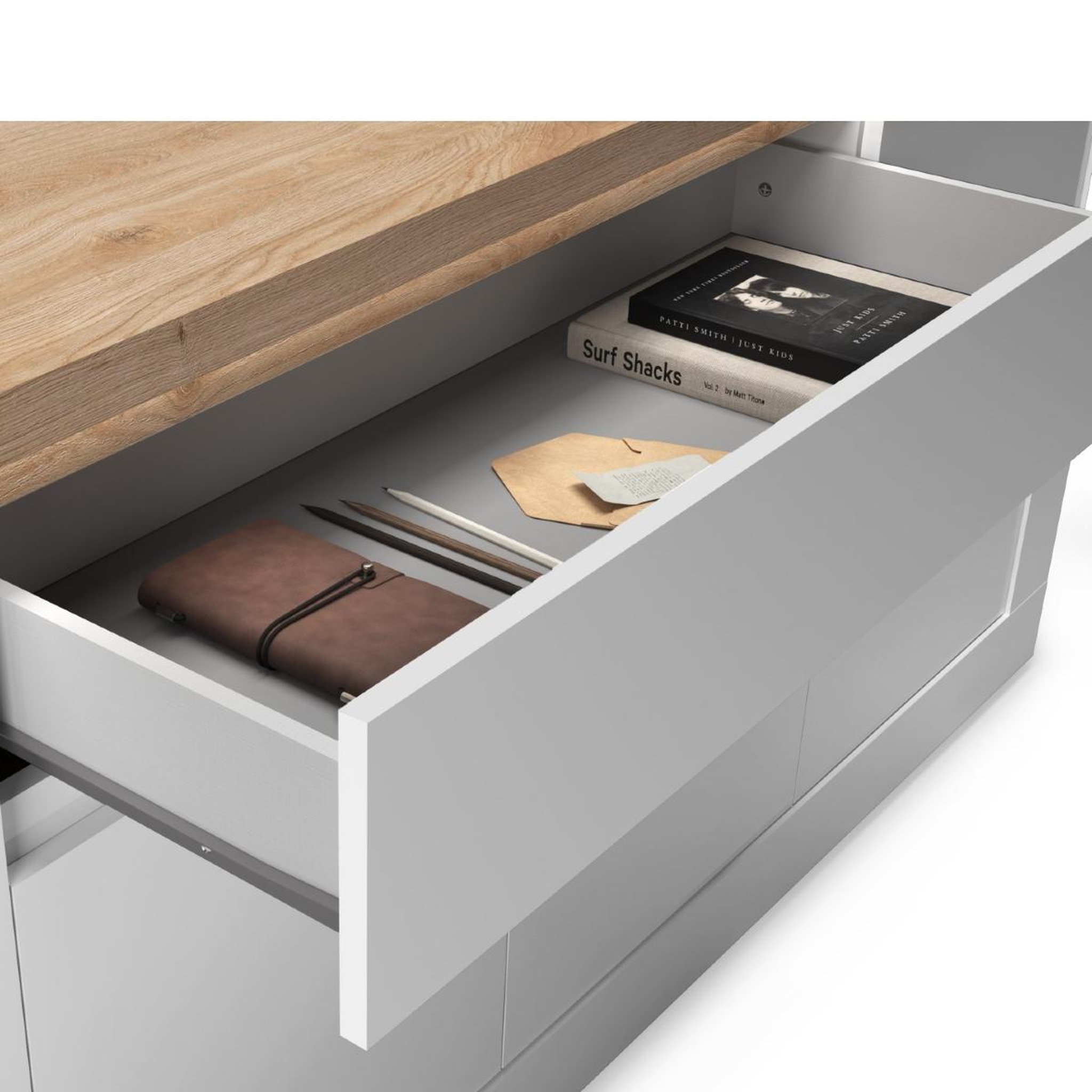 Voir la diapositive 5 : JLC KREATION Buffet moderne 4 portes-1tiroir laqué blanc et bois ARIA