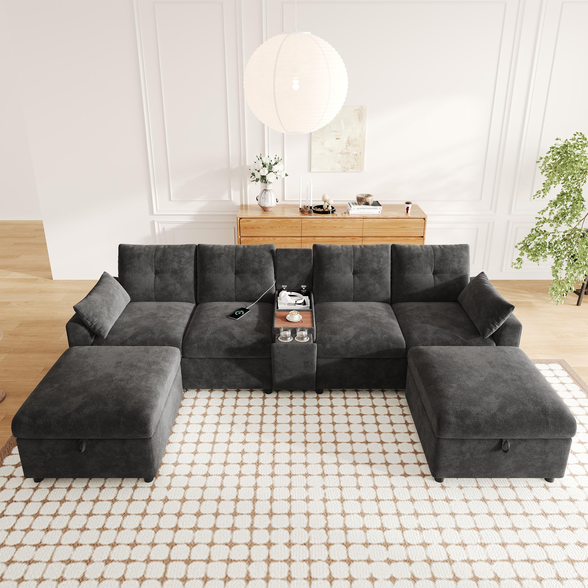 Voir la diapositive 4 : MERAX Canapé d'angle modulable 6 places u/l avec 2 poufs rangement usb type-c chenille