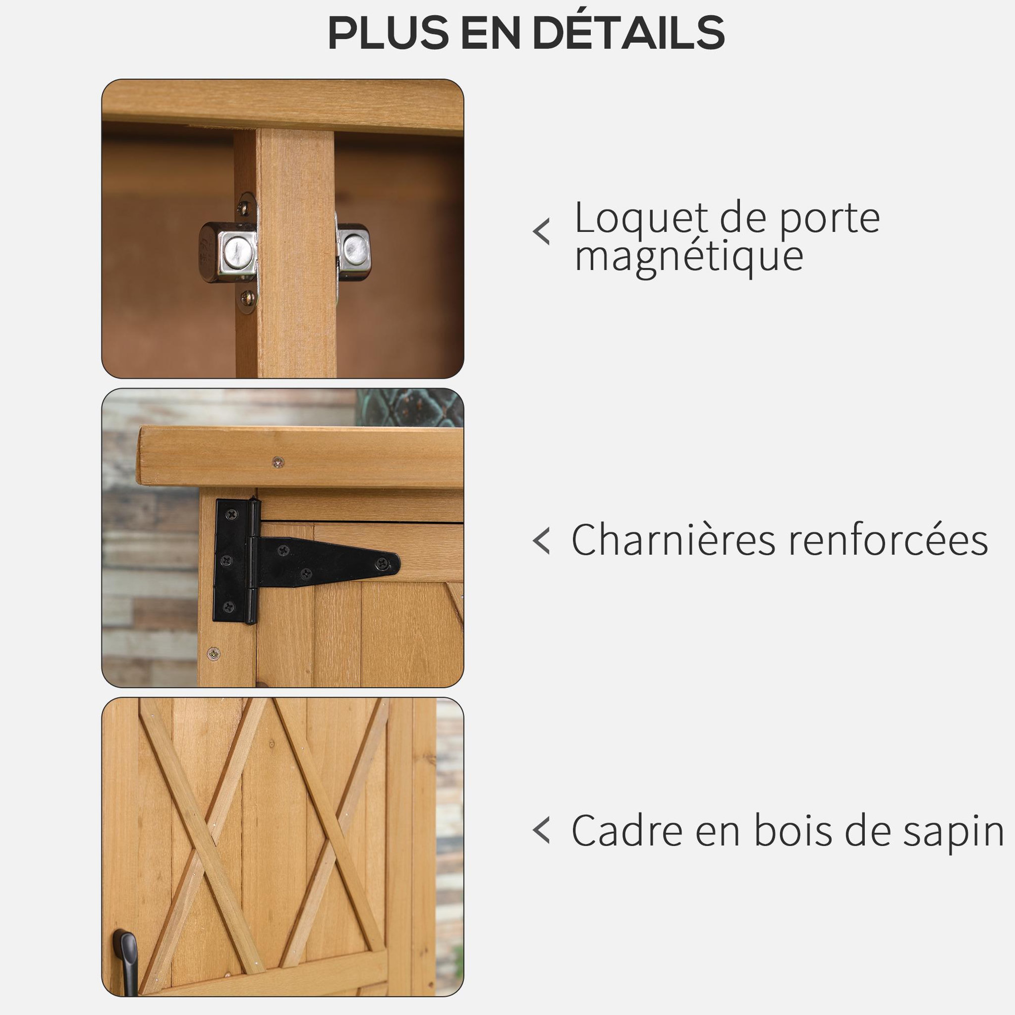 Voir la diapositive 5 : OUTSUNNY Abri de jardin armoire de jardin remise pour outils sur pied dim. 75L x 40l x 90H cm 3 étagères 2 portes toit tôle bois sapin pré-huilé