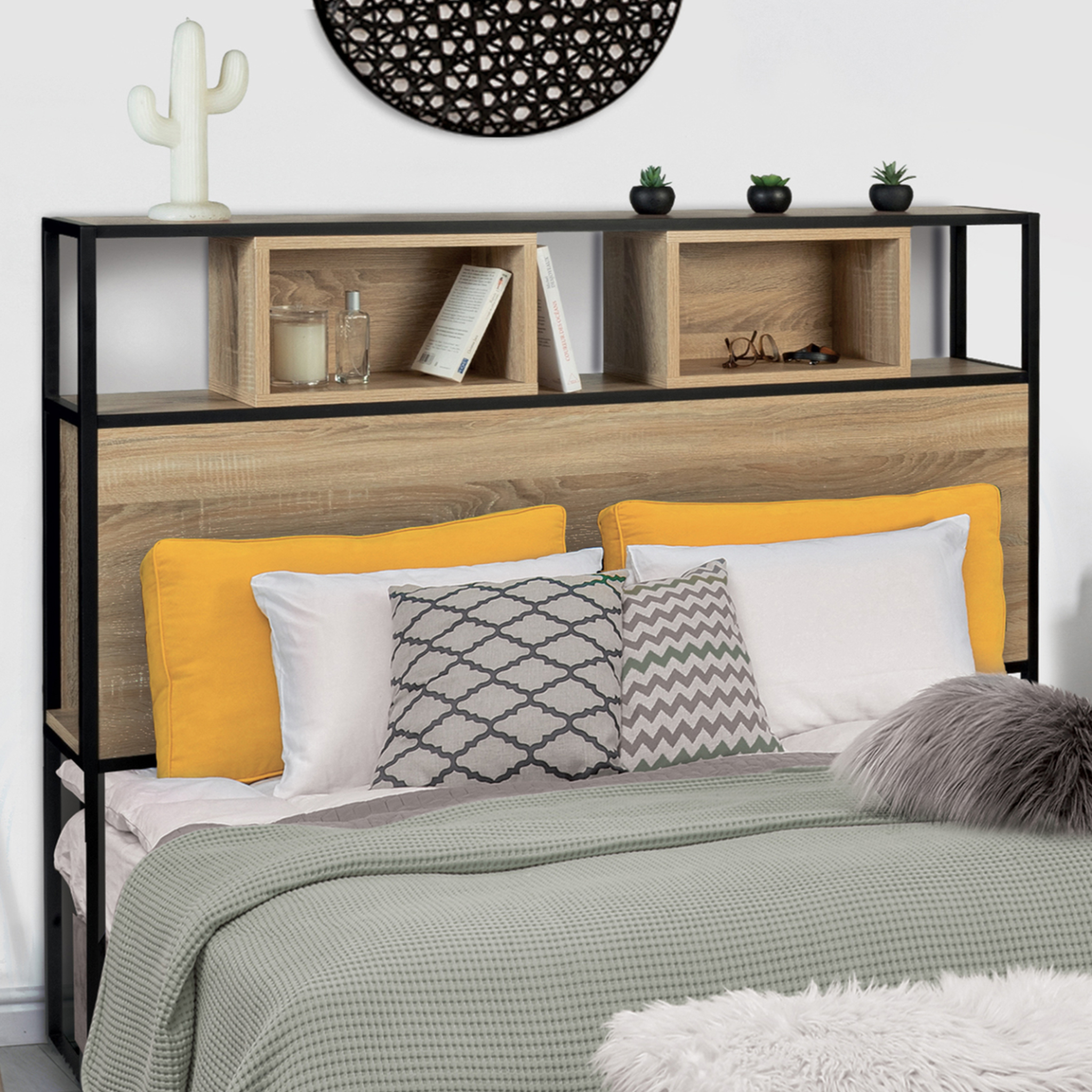 Voir la diapositive 2 : ID MARKET Tête de lit sur pied detroit 145 cm bois et métal noir design industriel