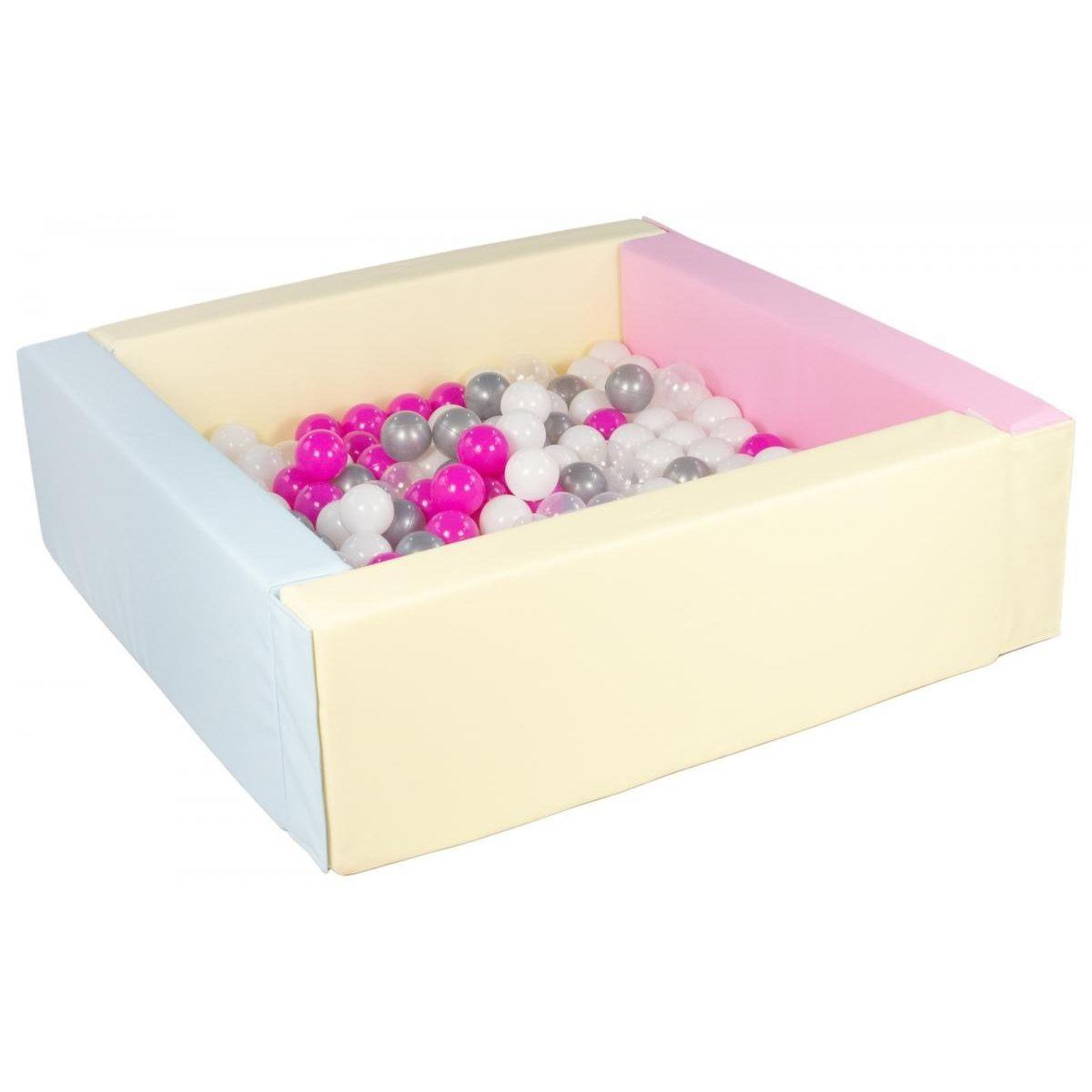 VELINDA Piscine à balles carrée avec 200 balles - bords 3 couleurs/blanc, transparent, rose, argent