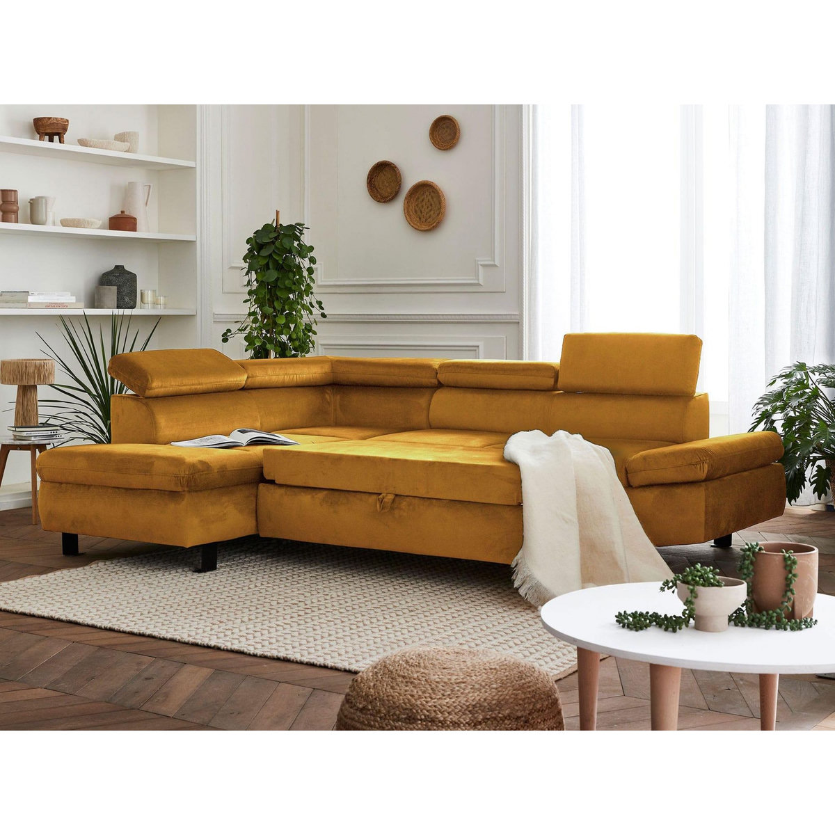 LISA DESIGN Nairobi - canapé d'angle convertible - en velours - 5 places - avec têtières - gauche