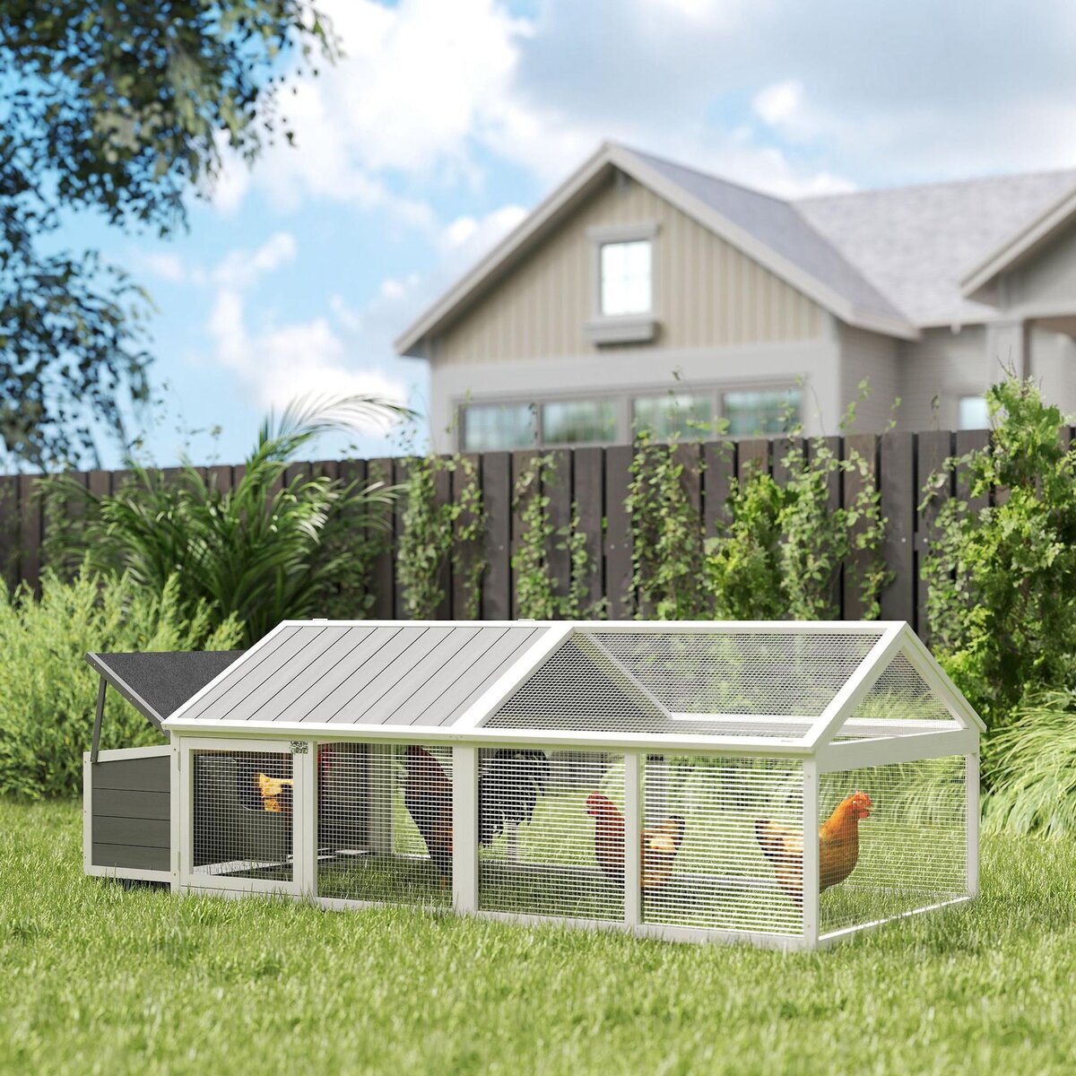 PAWHUT Poulailler espace couvert pondoir 2 zones - porte, toit ouvrant - 2,4 x 1,12 x 0,76 m - bois gris blanc