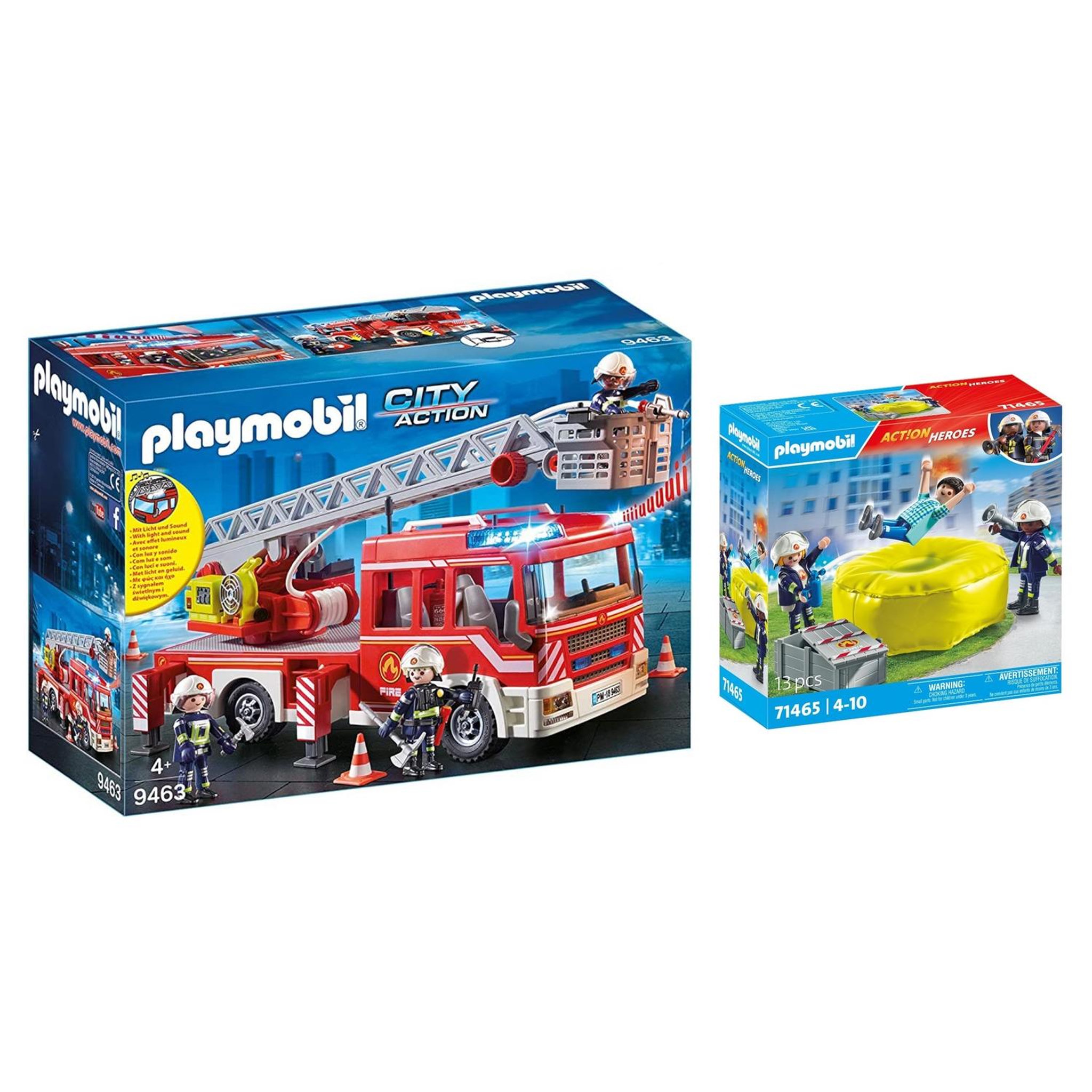 PLAYMOBIL Set de : Pompiers avec coussin de sauvetage + Camion de pompiers avec échelle pivotante