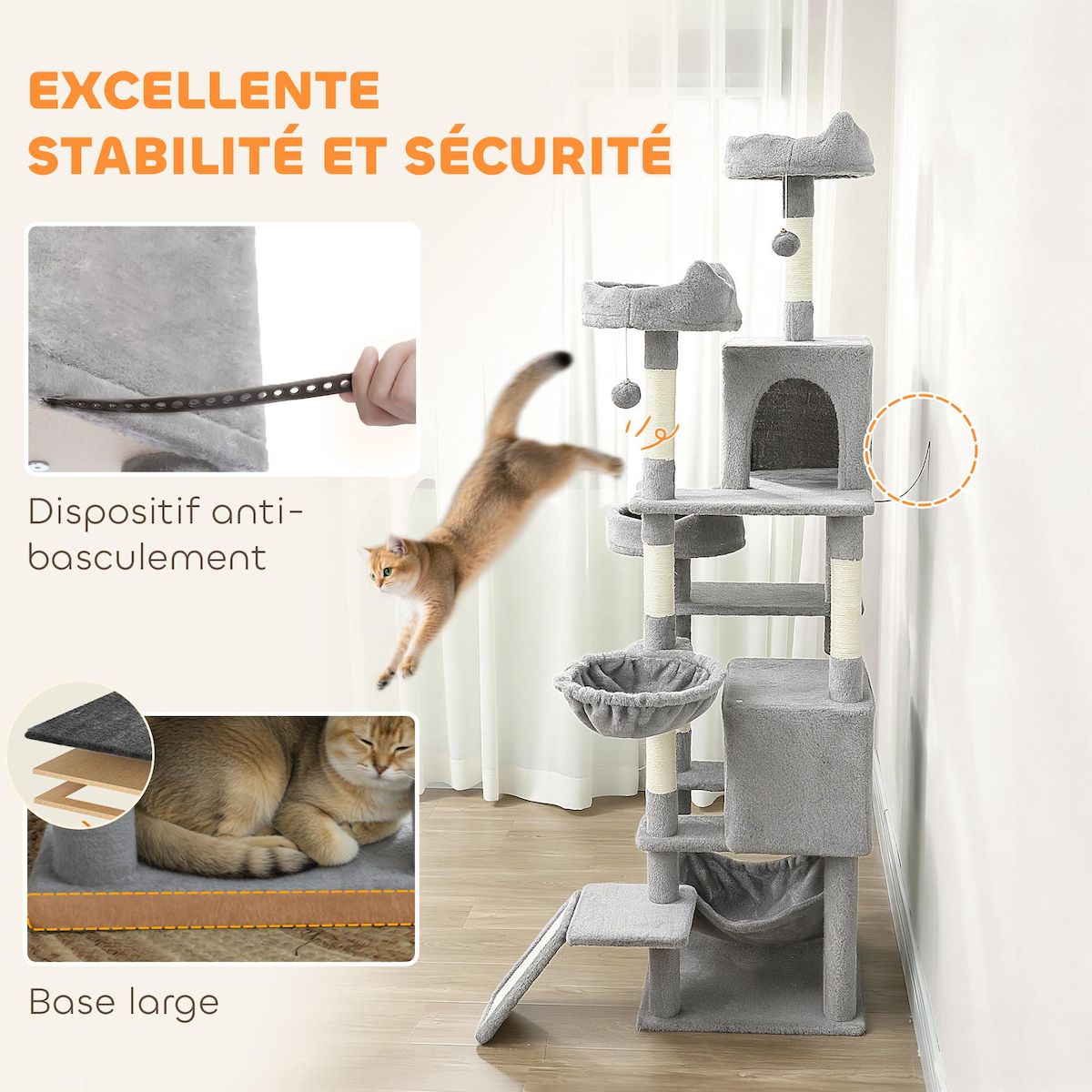 PAWHUT Arbre à chat design XXL gris clair multi-activités - zones de repos, griffoirs, grattoir - H.192 cm