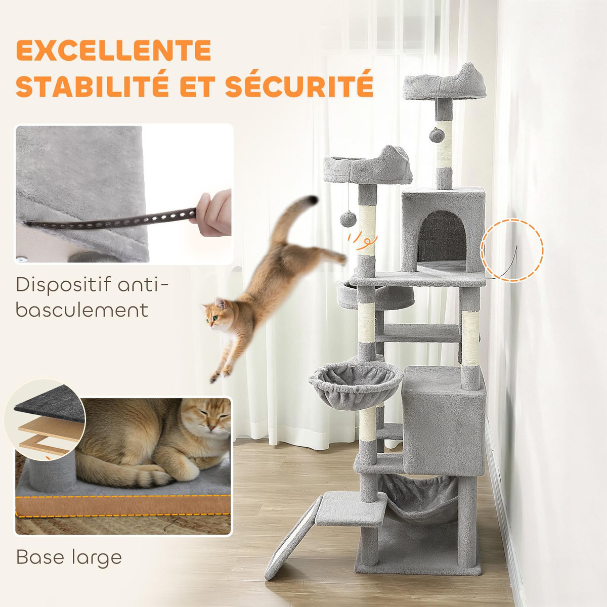 PAWHUT Arbre à chat design XXL gris clair multi-activités - zones de repos, griffoirs, grattoir - H.192 cm