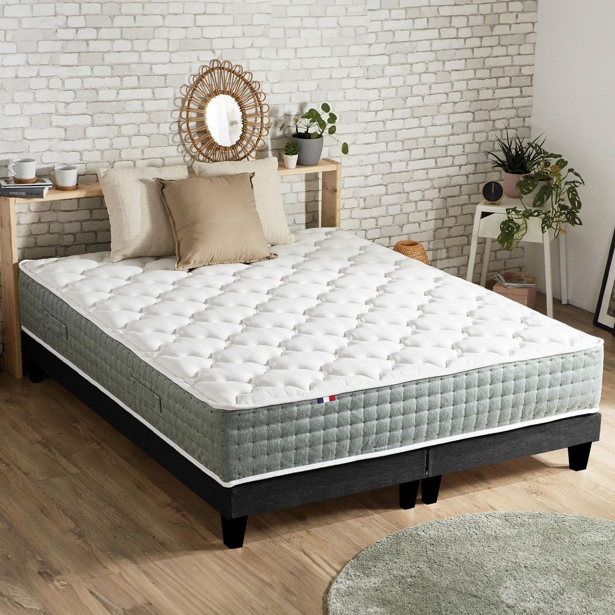 IDLITERIE Ensemble matelas Ressort 7 zones HYGGE + Sommier + couette + oreillers Fabriqué en France