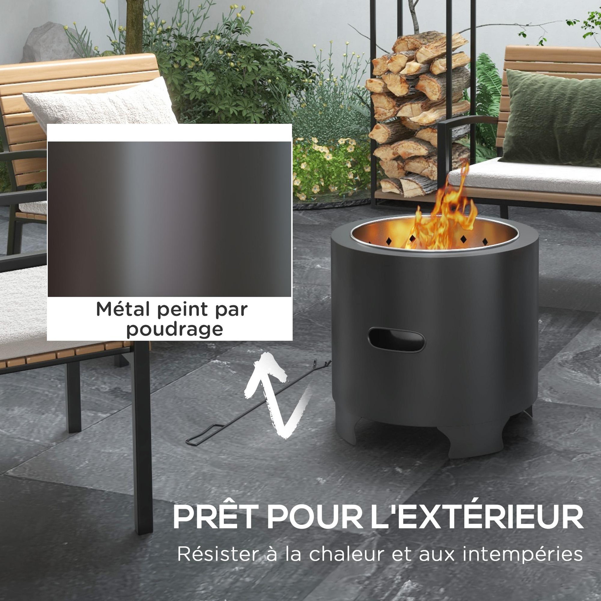 Voir la diapositive 5 : OUTSUNNY Brasero extérieur portable avec tisonnier - Ø 45 cm - acier inox métal noir