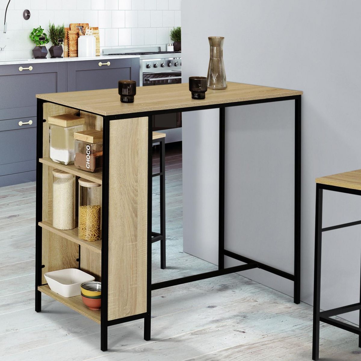 ID MARKET Ensemble table de bar DETROIT et 2 tabourets design industriel