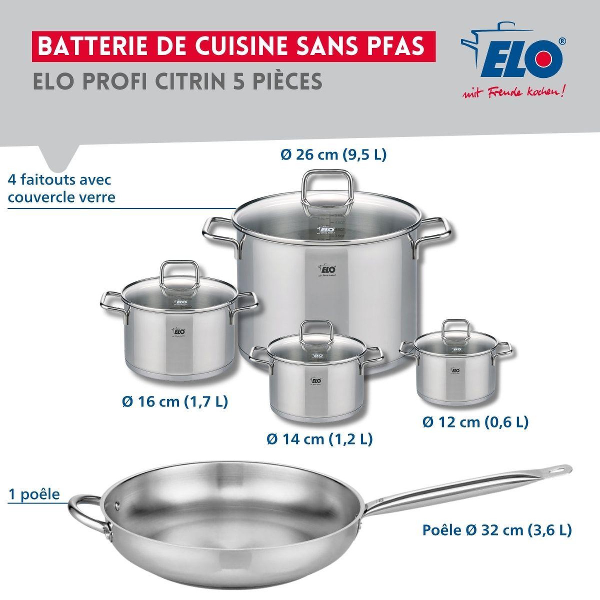 Voir la diapositive 2 : ELO Set de 1 poêle de cuisson 32 cm et 4 faitouts 12, 14, 16 et 26 cm elo profi citrin