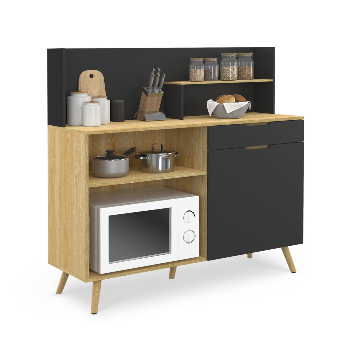 ID MARKET Buffet bas de cuisine 120 CM OLAF plan de travail H.83 cm 1 porte + 1 tiroir façon hêtre et noir
