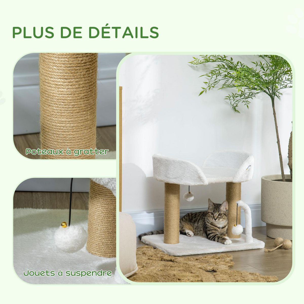 PAWHUT Arbre à chat 2 griffoirs jute naturelle panier jeu 2 boules suspendues avec clochettes peluche blanche