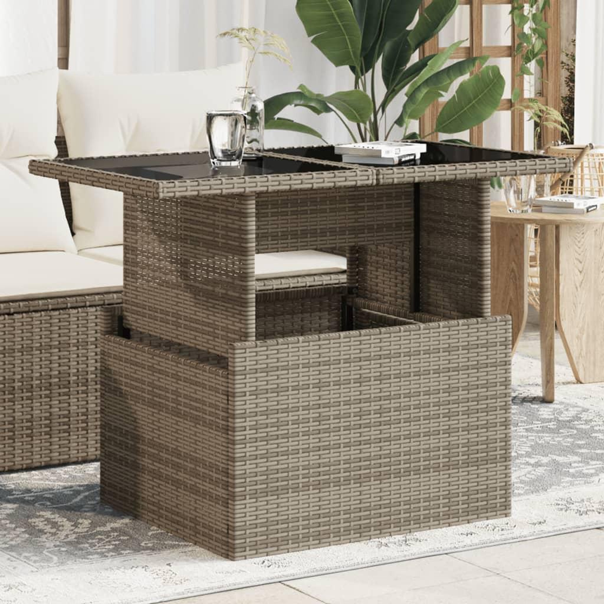 VIDAXL Table de jardin dessus en verre gris 100x55x73cm resine tressee