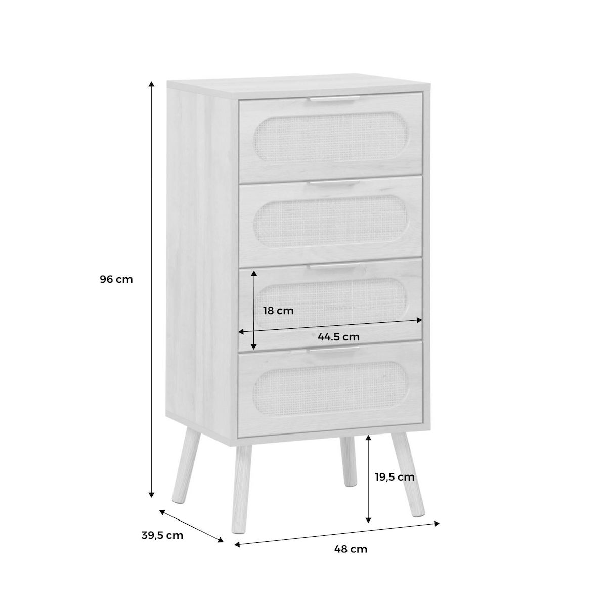 SWEEEK Commode chiffonnier effet bois et cannage 4 tiroirs naturel. poignée en métal doré - L 48 x P 39.5 x H 96 cm - Eva