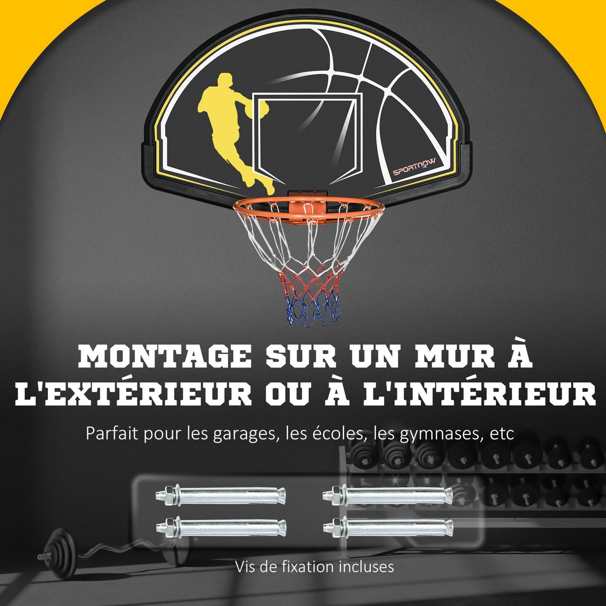 HOMCOM Panier de basket-ball mural avec ressort - panneau de basket à accrocher - visserie incluse - acier PE jaune noir