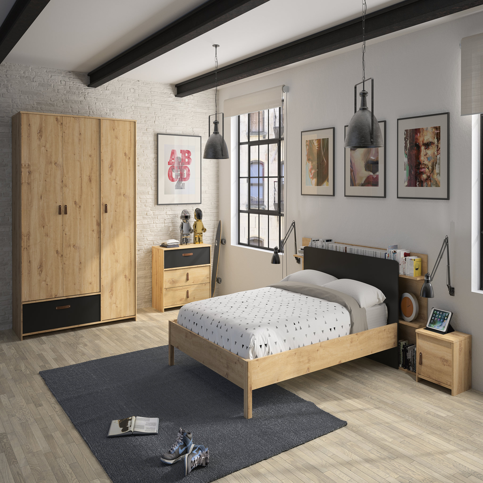Voir la diapositive 2 : Lot de 2 Têtes de lit avec tablettes de rangement pour lit 140x190cm MARCUS