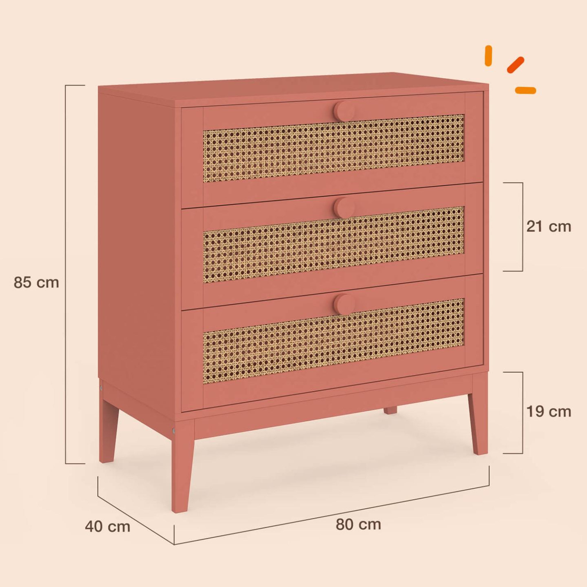 Voir la diapositive 4 : ID MARKET Commode 3 tiroirs adelie 80 cm enfant cannage et vieux rose