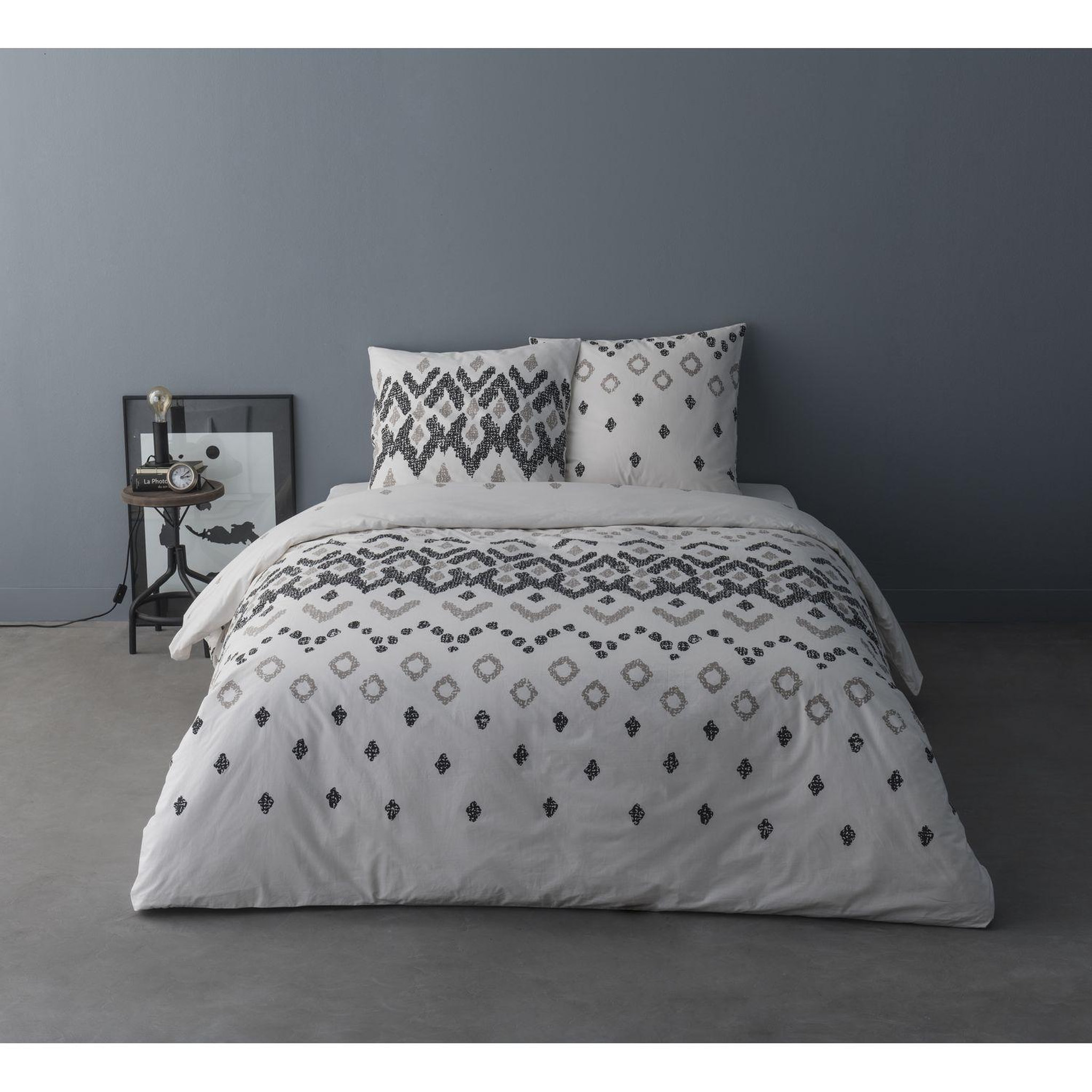 HABITABLE Parure de lit ethnique henri - 100% coton percale - 240 x 220 cm - blanc