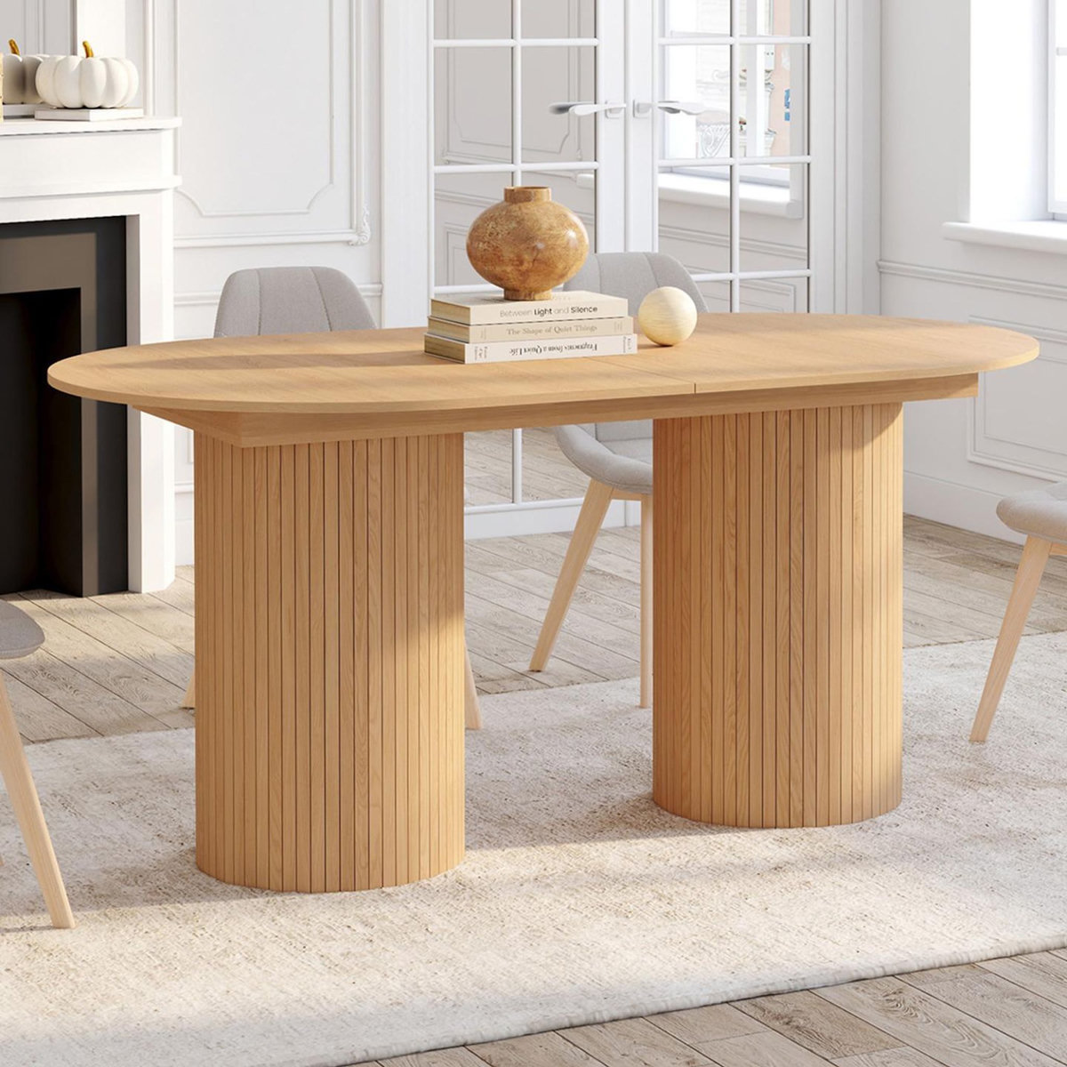 ID MARKET Table à manger extensible ovale JULIETTE  6-10 personnes pieds cylindriques effet lattes 160-200 cm