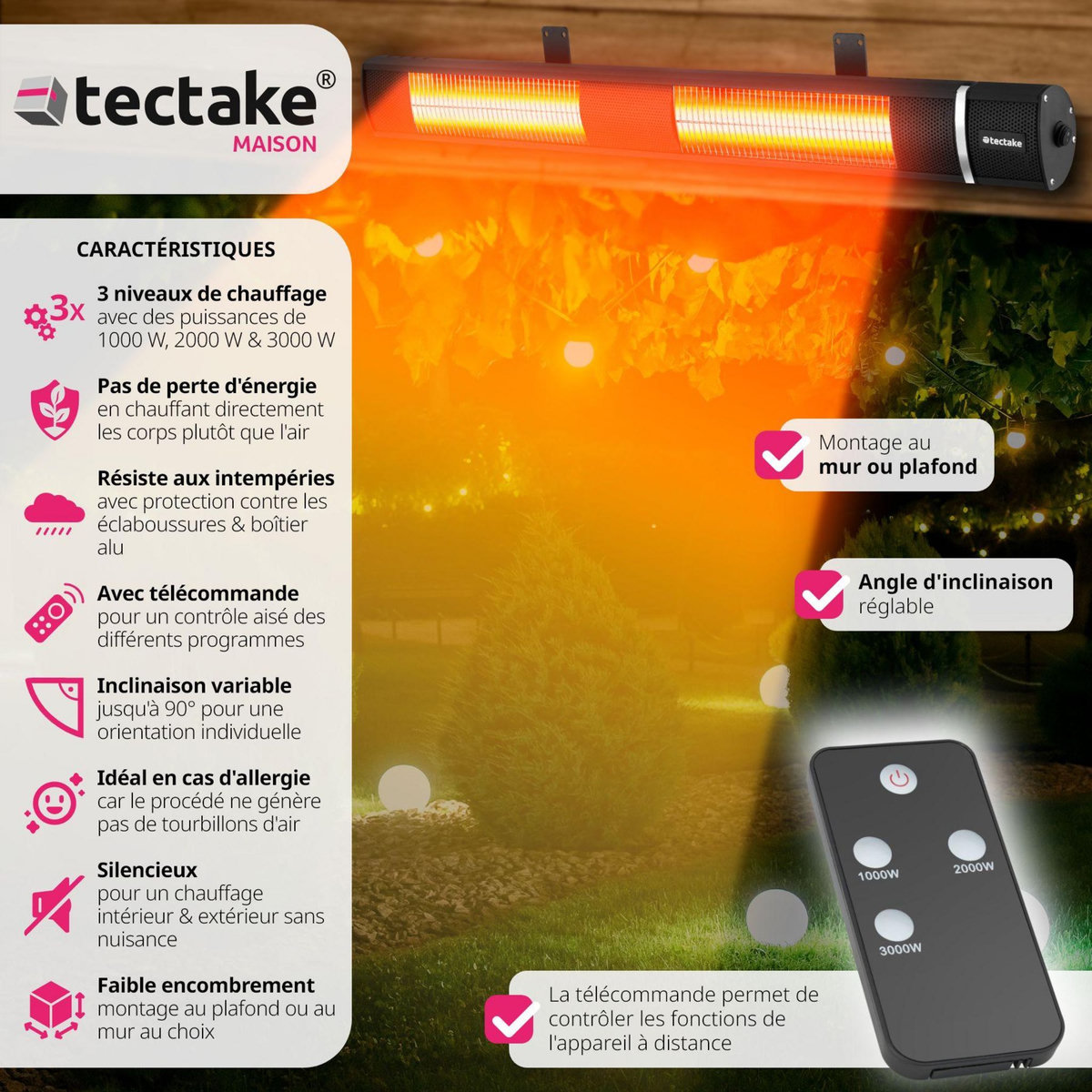 tectake Radiateur infrarouge 3 niveaux de puissance, 1000, 2000 et 3000 W noir