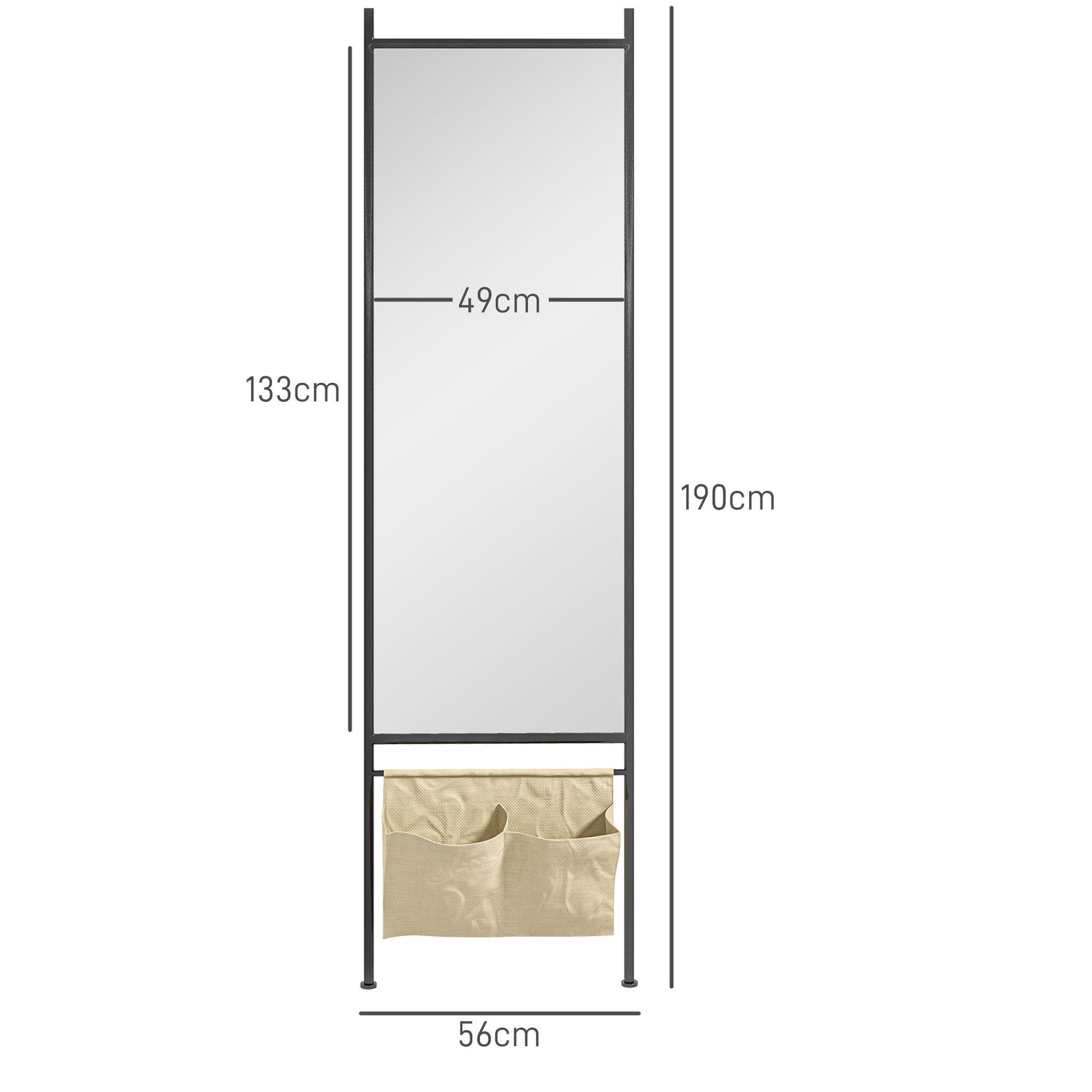 Voir la diapositive 3 : HOMCOM Miroir rectangulaire sur pied dim. 56L x 2l x 190H cm - 2 pochettes rangement - métal noir